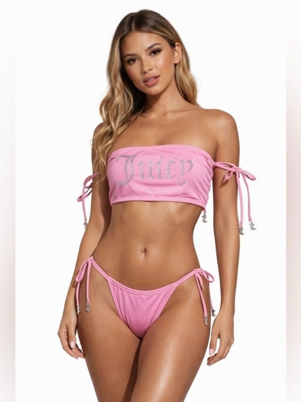 NWT Juicy Couture Light Pink Rhinestone Logo Bandeau Bikini Set Y2K Barbiecore